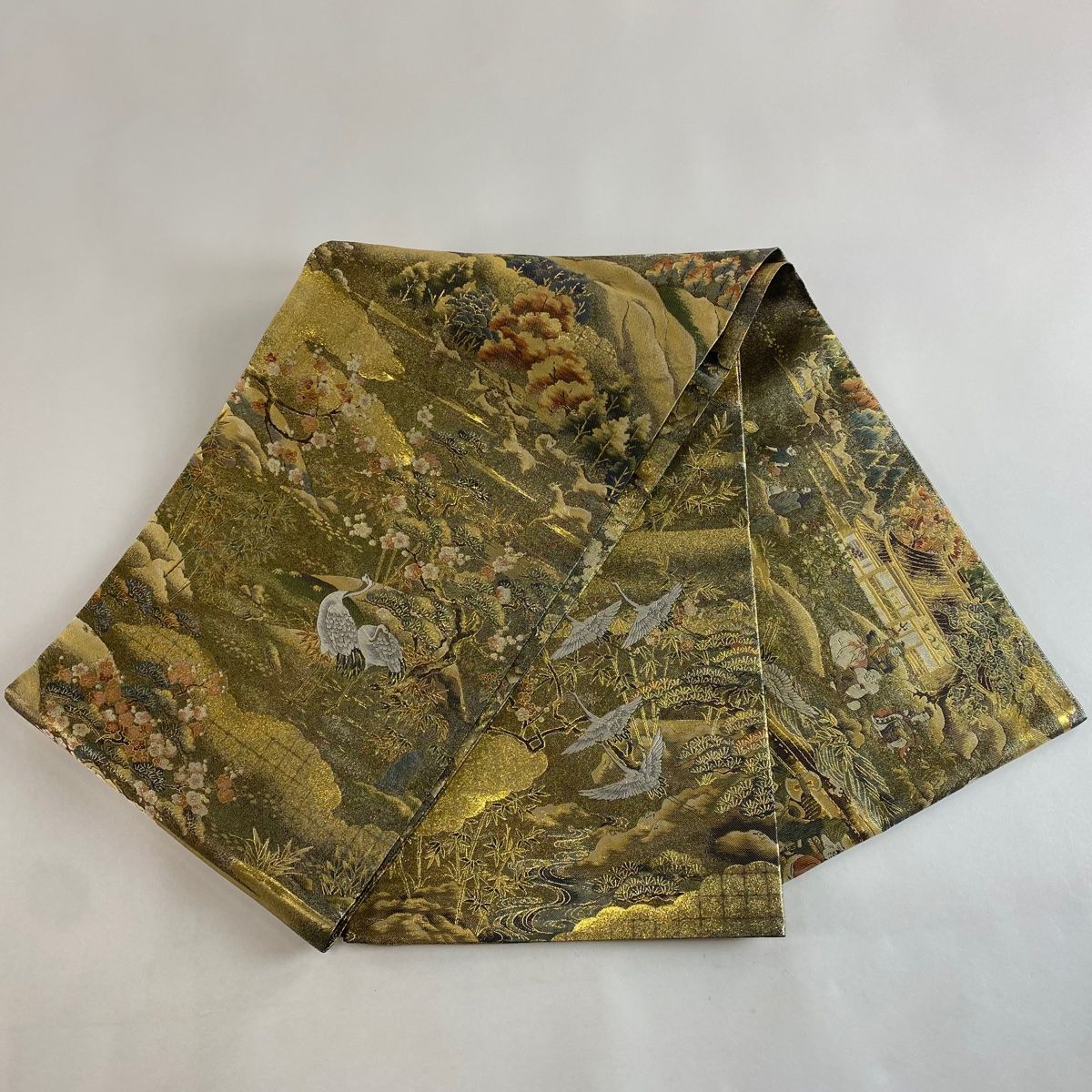 丸帯 美品 逸品 十寿円満図 本金箔全通丸帯 鶴 松竹梅 金糸 箔 金色 