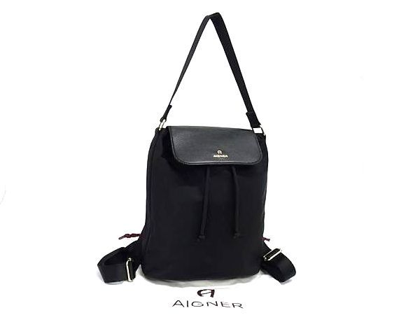 AIGNER アイグナー ナイロンキャンバス×レザー 2WAY リュックサック ハンドバッグ ブラック系 BP1496