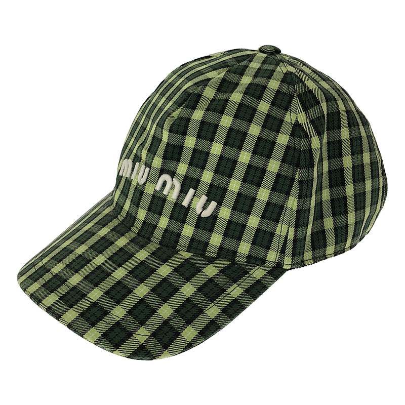 miu miu / ミュウミュウ | 5HC179 / チェック ロゴ ベルクロ キャップ / 帽子 / サイズ調整可 | M | グリーン | レディース