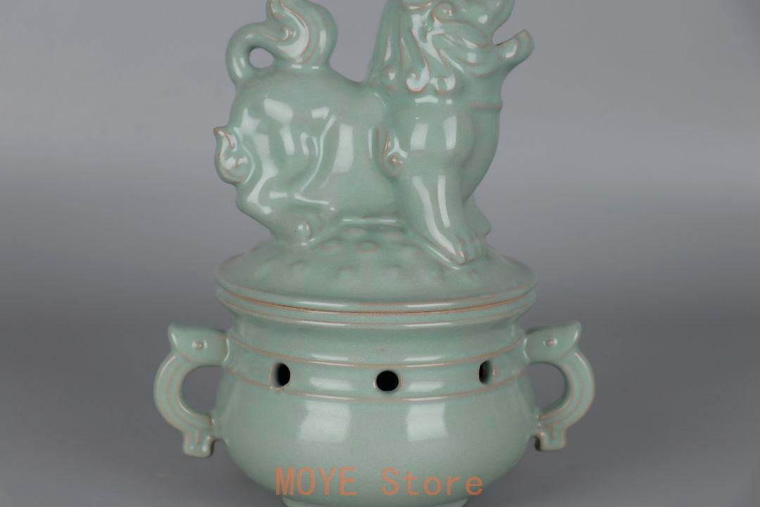 宋汝窯開片釉獅子蓋薫香炉 景徳鎮 陶磁器 装飾品 現代工芸品