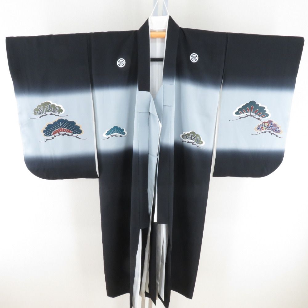 子供着物 男の子用 四つ身 襦袢 羽織セット 黒色 鷹文様 ポリエステル