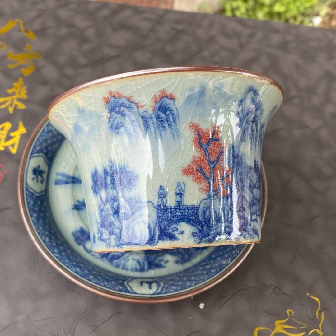 景徳鎮 青花山水馬蹄三才蓋碗 茶碗 煎茶器 中国茶器 新品未使用