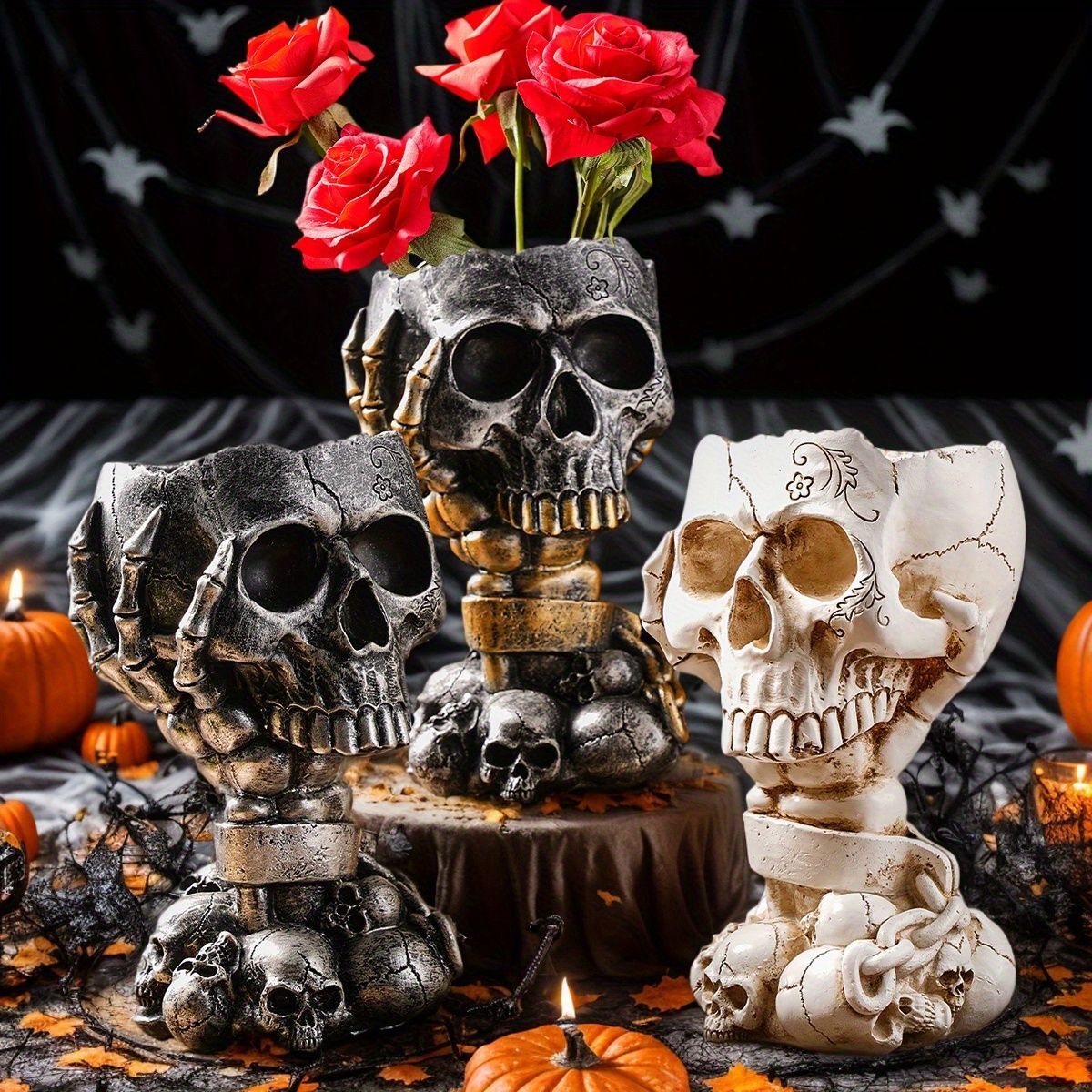 花瓶 花びん おしゃれ 骸骨型 ガイコツ スカル ゴールド シルバー 2