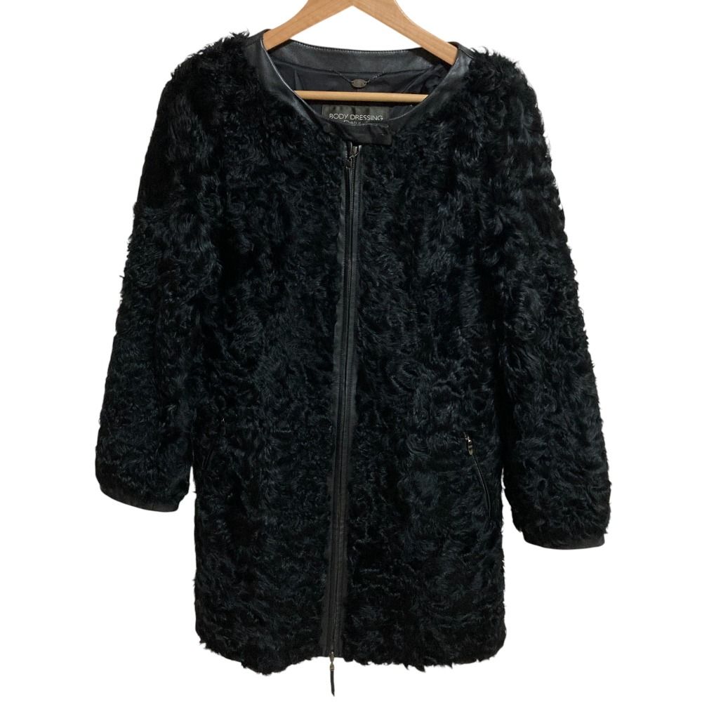 BODY DRESSING Deluxe ボディドレッシングデラックス チキャンラム ノーカラー ムートンコート ジャケット サイズ38 ブラック レディース 古着