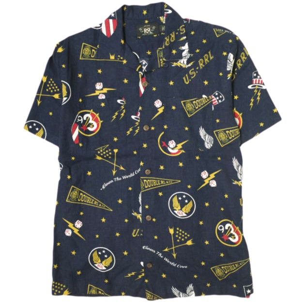 RRL ダブルアールエル LOGO PRINT LINEN BLEND CAMP SHIRTS ロゴプリント リネンブレンド キャンプシャツ 782856982001 S NAVY Double RL 半袖 アロハシャツ オープンカラー トップス g20699