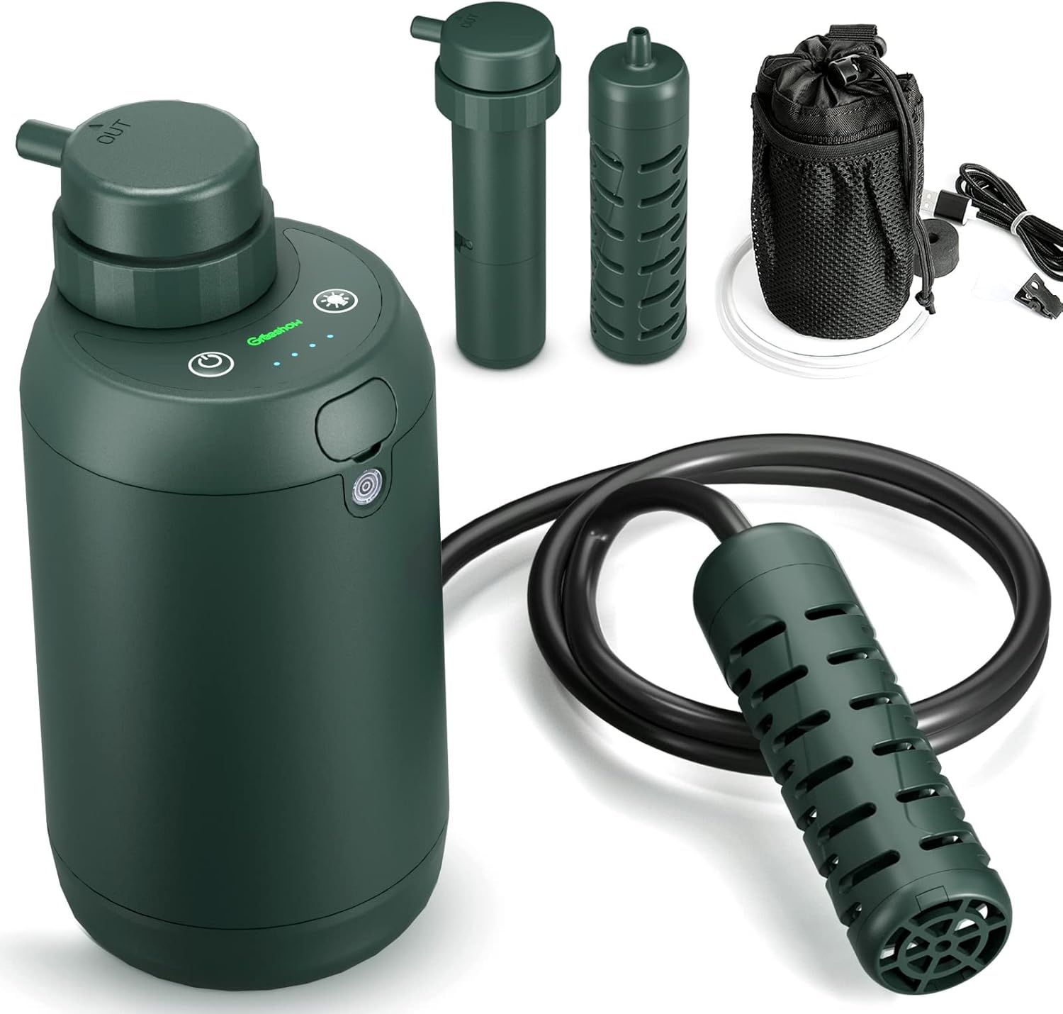 GreeShow 業界新発想 携帯浄水器 アウトドア 濾過器 サバイバル浄水器 USB電動 登山 キャンプ 野営 災害用 防災用 グッズ 軽量 LED電灯搭載 GS-2801 フィルター 2個セット ディープグリーン