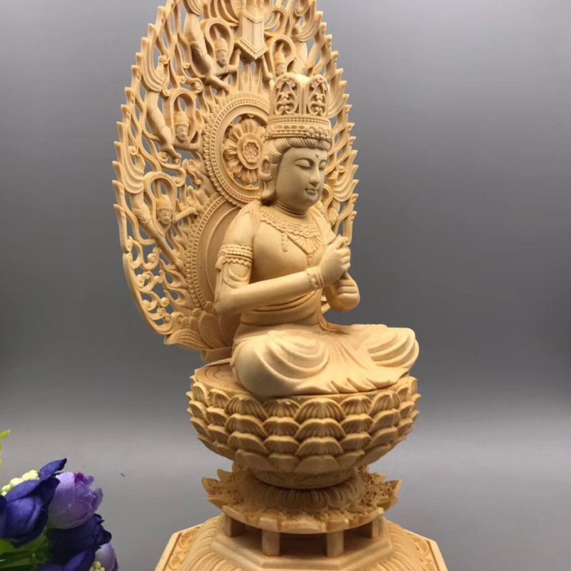 大日如来坐像 木彫り ツゲ 12.5cmx12.5cmx28cm 彫刻 仏像 手彫り 彫像