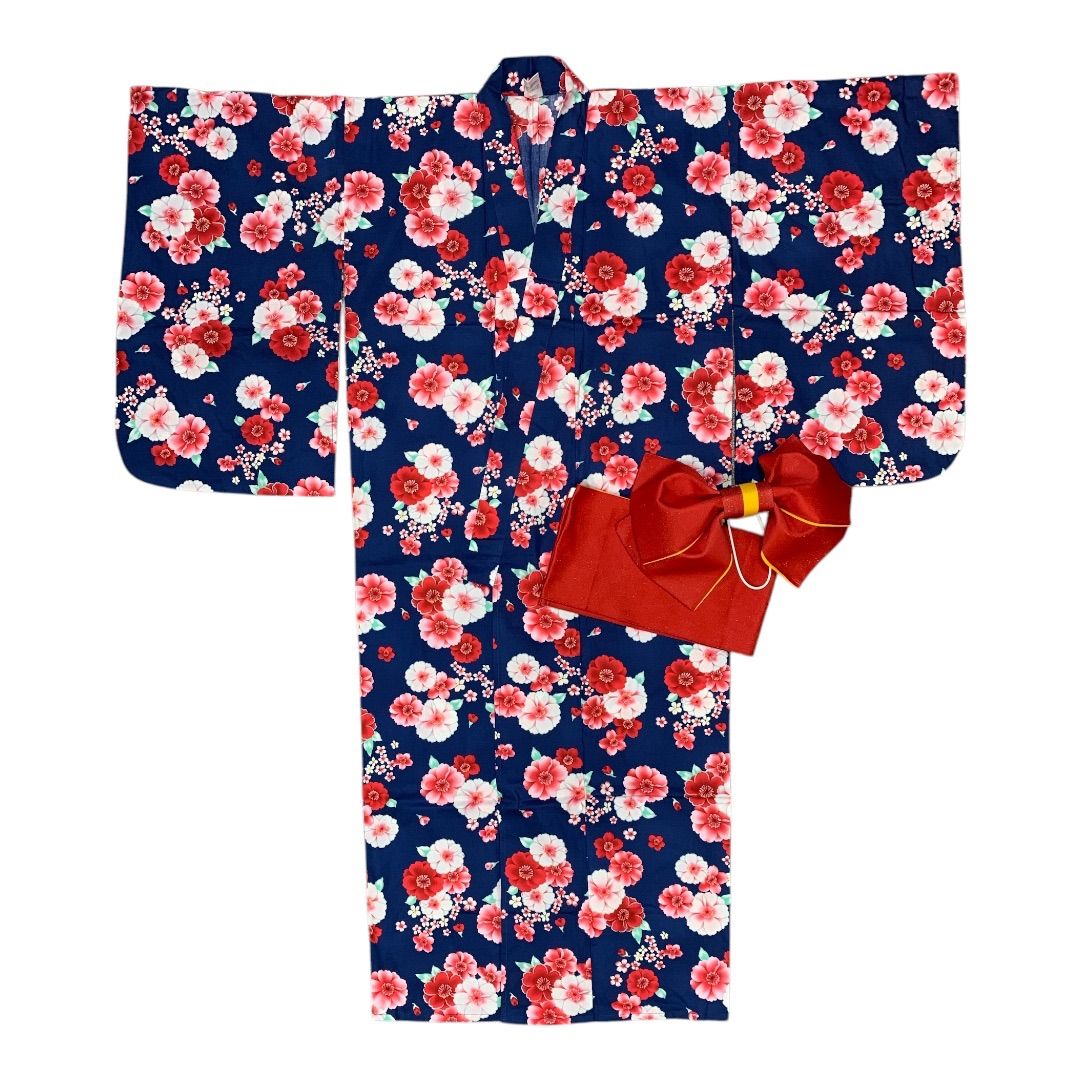 【?大特価?定価7,800円】ME-A-307  新品未使用　140サイズ　キッズ　女子　浴衣　単品　赤　ピンク　紺　花　お祭り　花火　花火大会　子供　夏　着回し　プレゼ