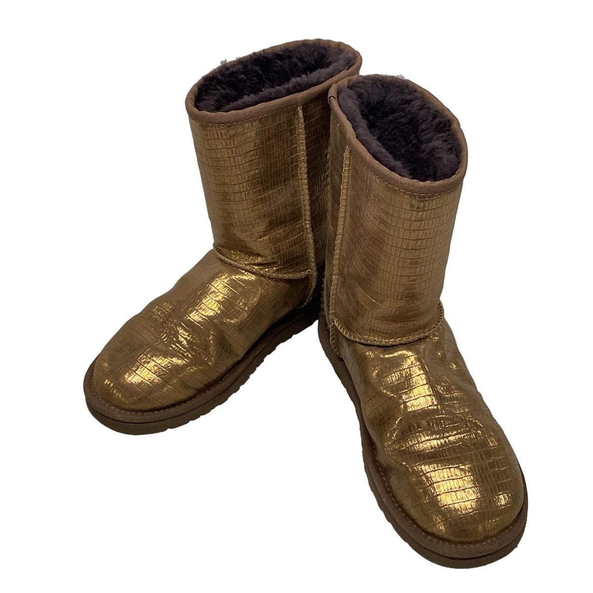 UGG アグ ショートブーツ 24 レディース クラシックショート 1004827 ブロンズ×ダークブラウン ラメ 型押し加工 レザー ムートン