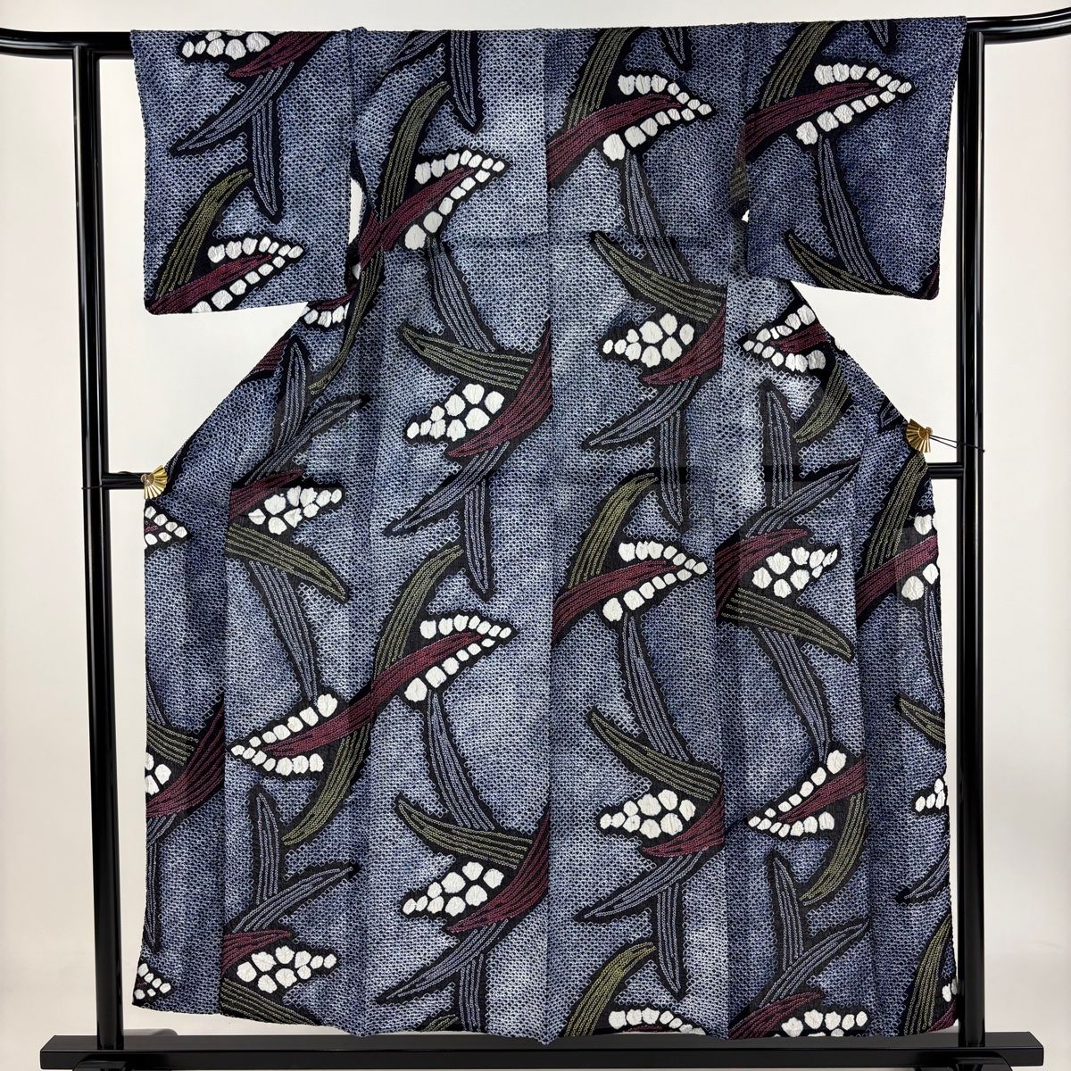 浴衣 身丈156cm 裄丈62.5cm S 絞り浴衣 葉柄 紺色 綿 名品