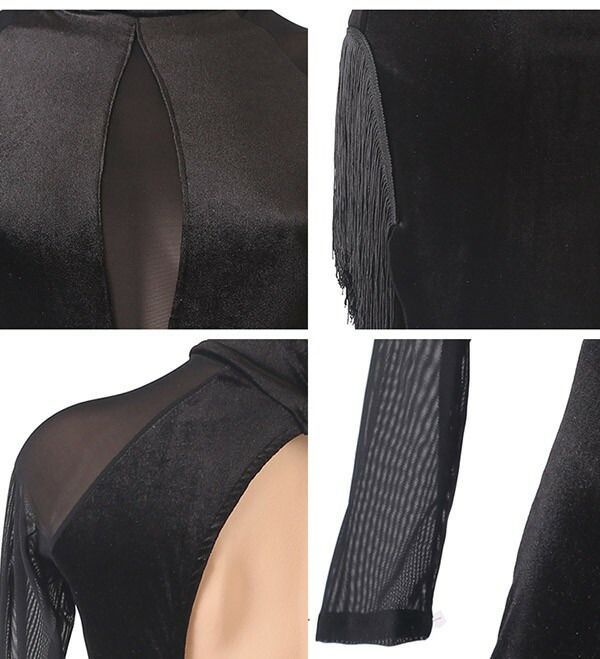 社交ダンス ラテンドレス フリンジ 競技用ドレス 長袖 ワンピース ステージ衣装 ラテン ドレス レッスン着 透け感 ラテンドレス 発表会用 社交ダンス演出服 ルンバ サンバ ワルツ 背中空き ハイネック ブラック 黒 S M L XL 2XL LLC-HASEGAWATOSO_COM