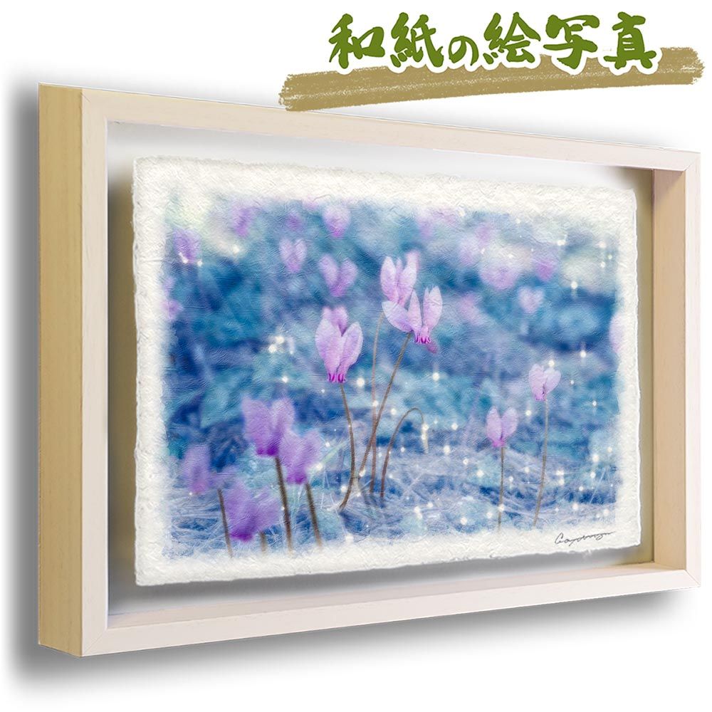 和紙の絵写真 「霜に輝くピンクのシクラメン」 立体額縁付き 53x38cm 絵画 インテリア 玄関 風水 風景画 アート パネル ポスター おしゃれ 新築祝い 絵 壁掛け 和モダン 和風 ジャパンディ冬 