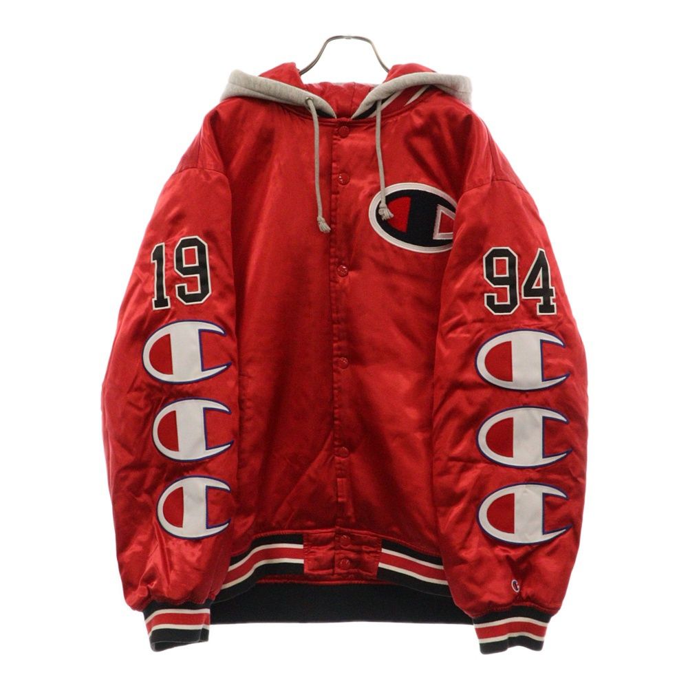 SUPREME (シュプリーム) 18AW×Champion Hooded Satin Varsity Jacket チャンピオン フーデッド サテンバーシティジャケット レッド