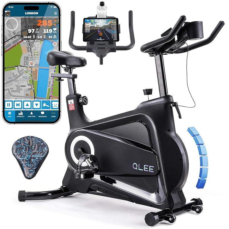 QLEE 第7世代フィットネスバイク ZWIFT アプリ連動 スピンバイク エアロバイク 家庭用 静音 室内自転車トレーニング レーニングバイク ダイエット器具 マグネット式 組み立て簡単 サドルカバー付き ホワイト ブラック