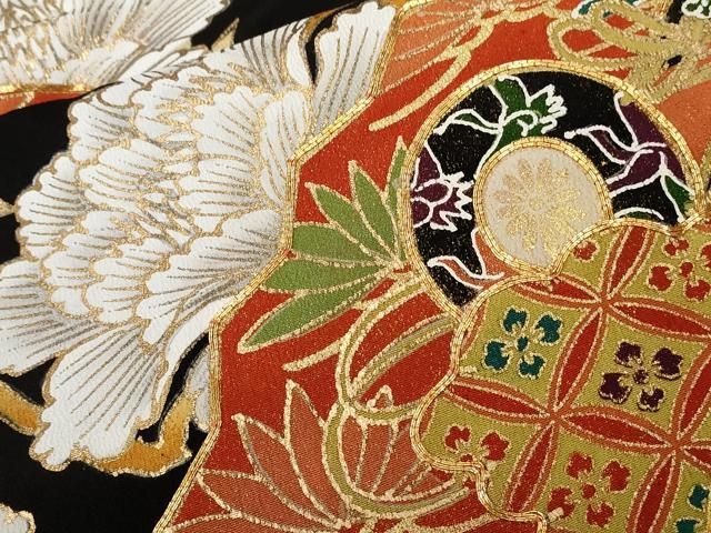 ■✨豪華お振り袖【黒地 扇面 花柄 金駒刺繍 銀彩 正絹】 成人式・結婚式 □✨豪華お振り袖【黒地 扇面 花柄 金駒刺繍 銀彩 正絹】 成人
