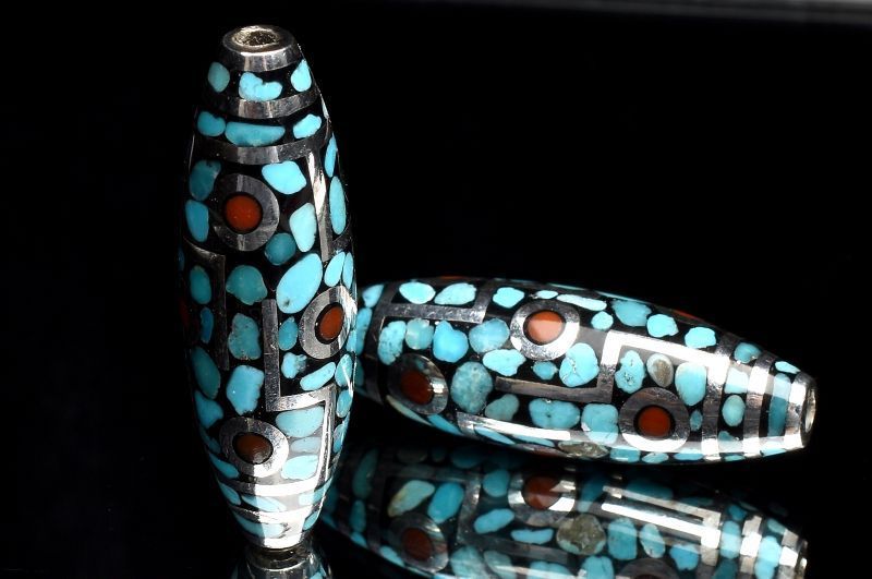 シルバー925 ターコイズ＆赤瑪瑙 35-36x11.5mm 九眼天珠 ビーズ 1個