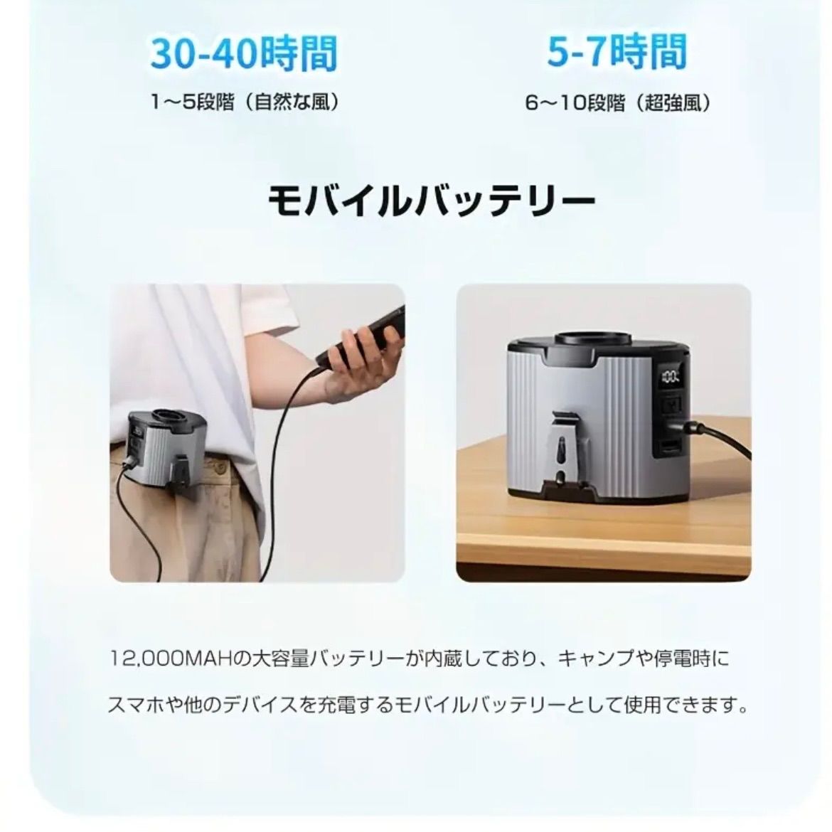 12000mAh大容量バッテリー搭載 電源バンク機能付き