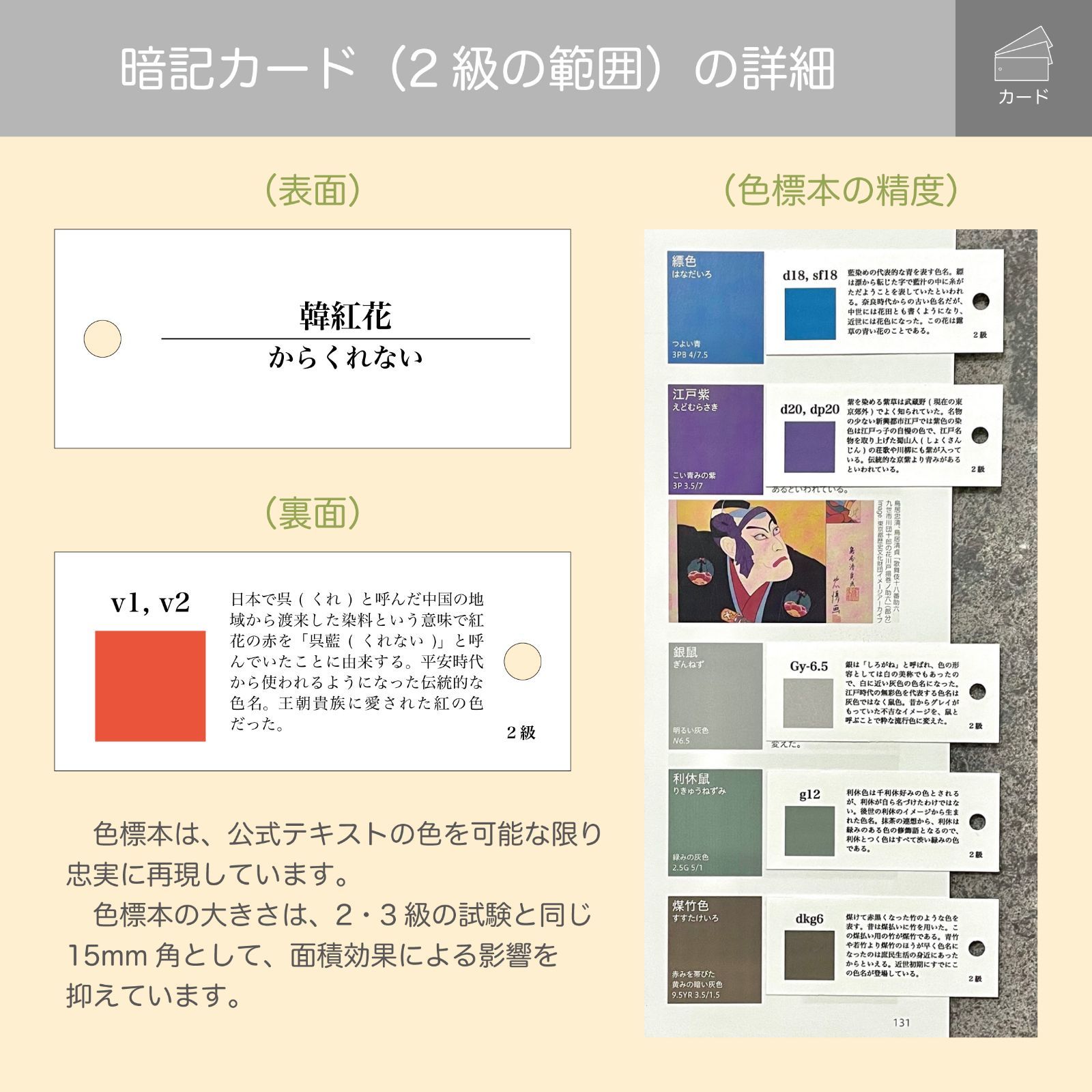 最新版】色彩検定 1級・2級・3級対応 慣用色名暗記カード(色標本