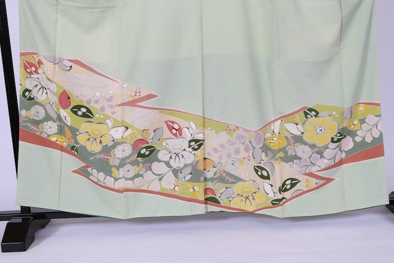 訪問着　ペパーミント　紫　ベージュ　緑　グレー　珊瑚朱　白　墨　辻が花　T535 訪問着 ペパーミント 紫 ベージュ 緑 グレー 珊瑚朱 白 墨 辻が花 T535