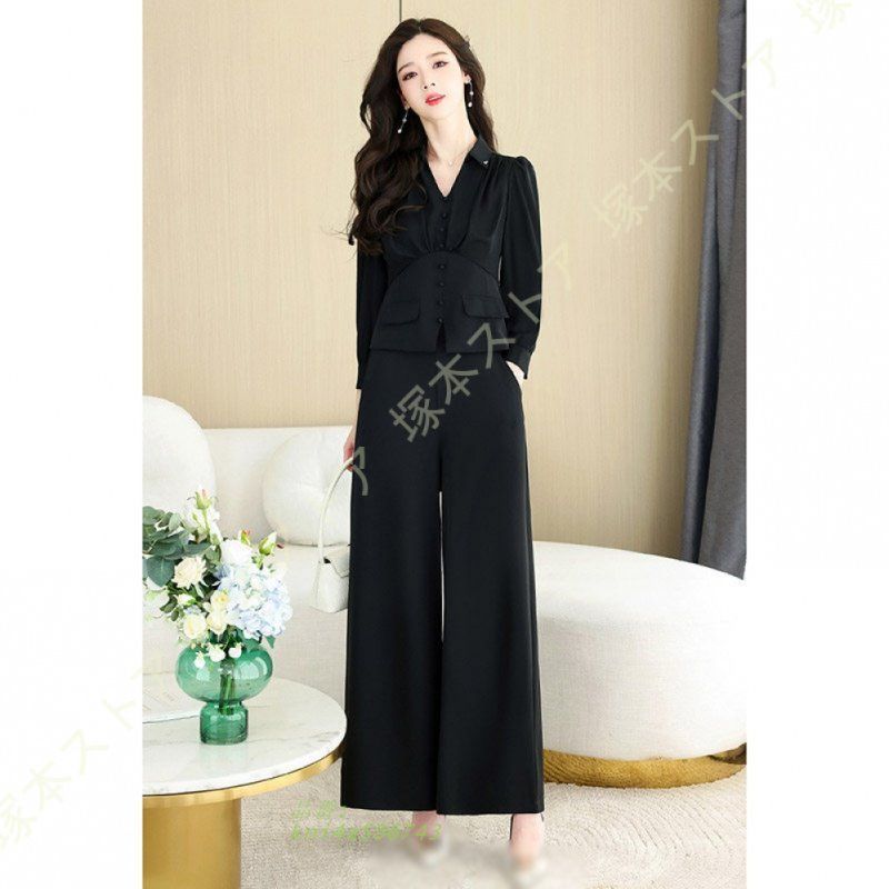 レディース パンツスーツ セットアップ 上下セット ブラウス ワイドパンツ ファッション エレ気質 Vネック 長袖 カジュアル 着痩せ 大きいサイズ kni4a596743