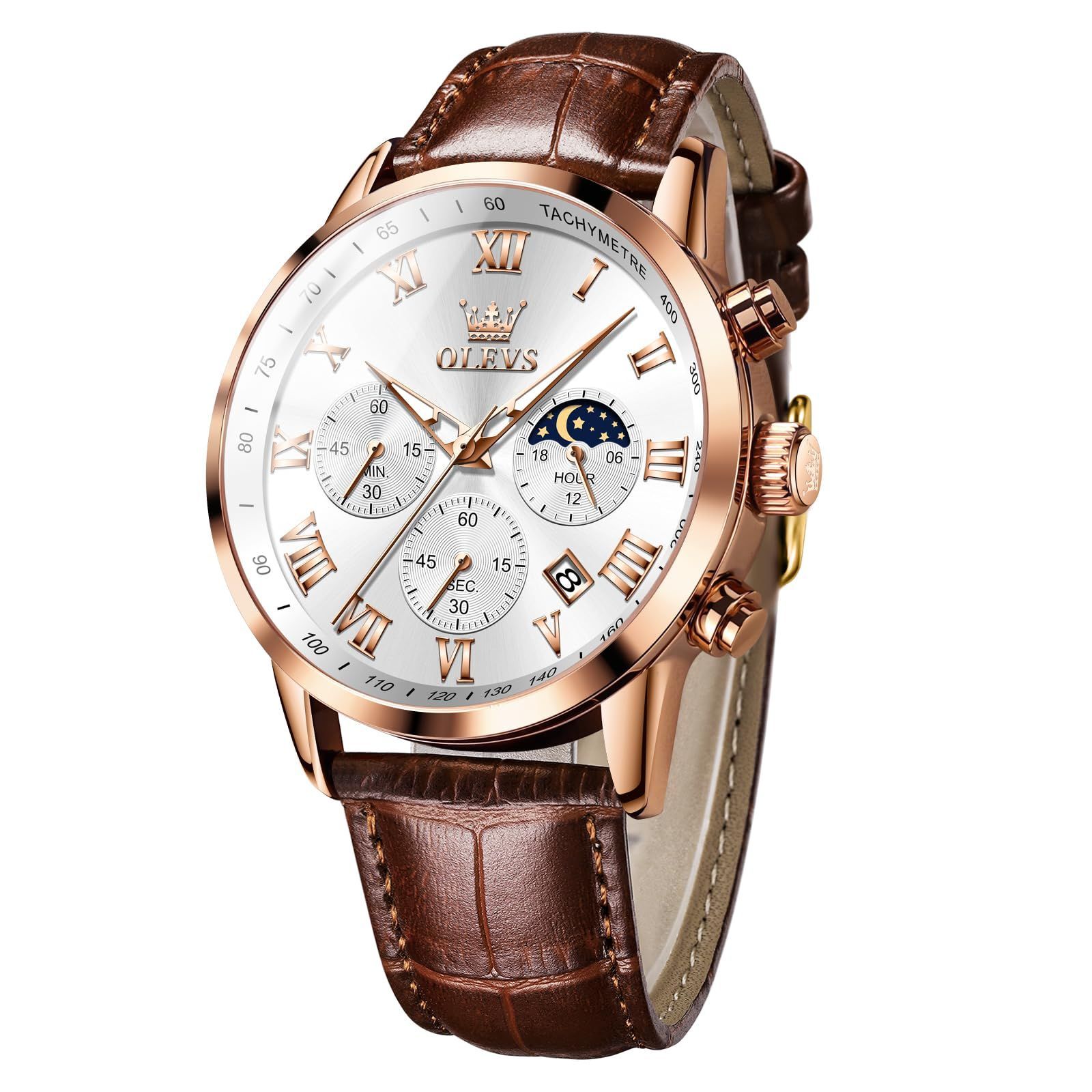 OLEVS 腕時計 メンズ Men Watch シンプル オシャレ 防水うで時計 アナログ ブラウン革ベルト 腕時計メンズ かっこいい 人気ビジネスとけい ローマ数字ウォッチ 見やすい 日付 夜光 腕時計クォーツ メンズ ホワイト 大きい文字盤腕時計 メンズ