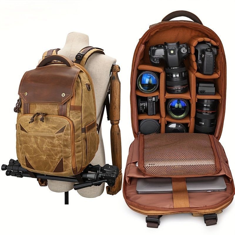 ヴィンテージキャンバスカメラバックパック - 防水、大容量SLR＆DSLRカメラ用収納コンパートメント付き