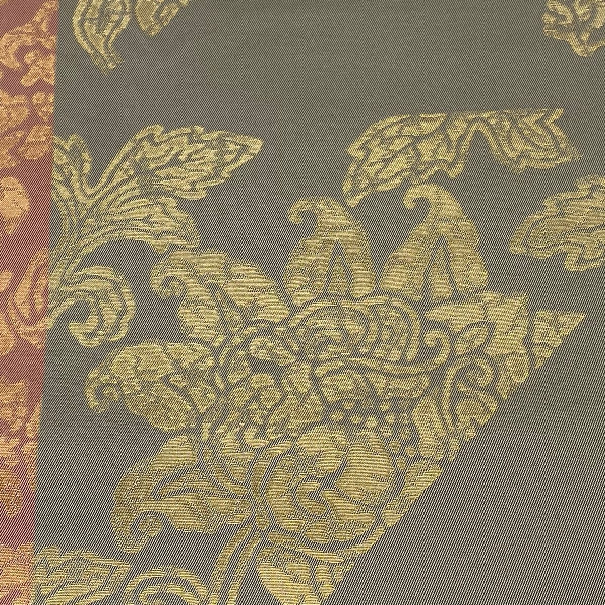 O0699 美品 逸品 希少 洛風林 正絹 本袋帯 袋帯 美品 逸品 洛風林 落款 草花 更紗 箔 灰色 六通 正絹