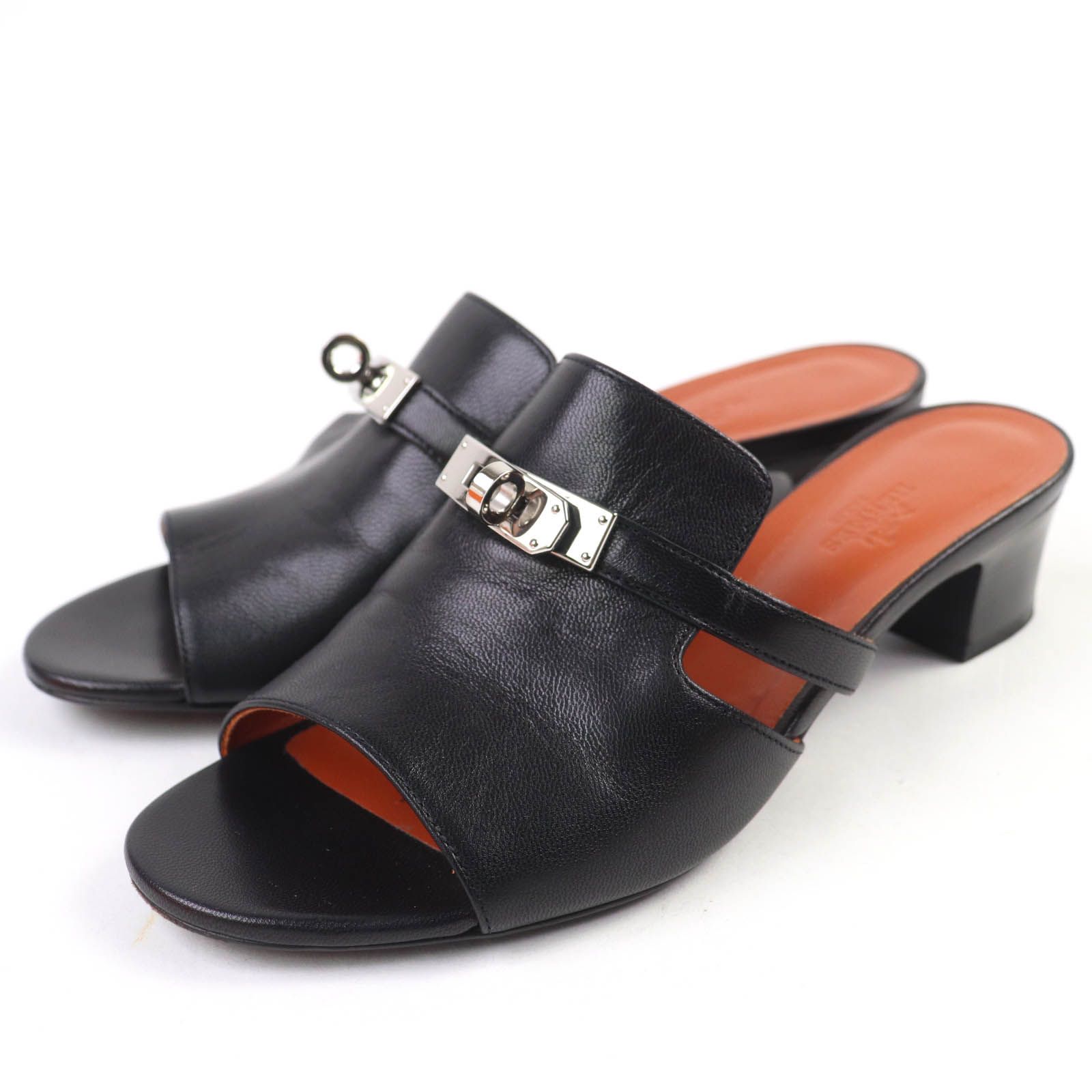 HERMES エルメス キャンディ シルバー金具 ケリーバックル レザー ミュール サンダル ブラック 37.5 箱 保存袋付き イタリア製 レディース