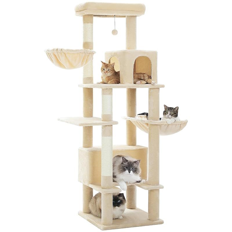 PAWZ Road キャットタワー 多頭飼い 大型猫用 スリム 猫タワー 大型 爪研ぎ 麻紐 ハンモック 据え置き 省スペース 人気 おしゃれ かわいい シンプル おもちゃ 運動不足 安定 頑丈 大型猫 - ベージュ 170cm