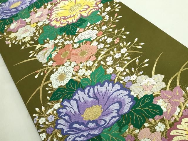 平和屋着物 上 巨匠 前田華清 手描き 六通柄袋帯 唐織 草花文 璃寛茶色地 金銀糸 DZAA8759kh5