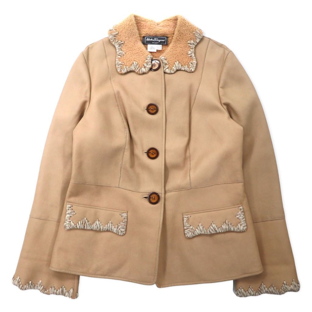 Salvatore Ferragamo イタリア製 ムートンジャケット 48 ベージュ レザー 刺繍 飾りボタン