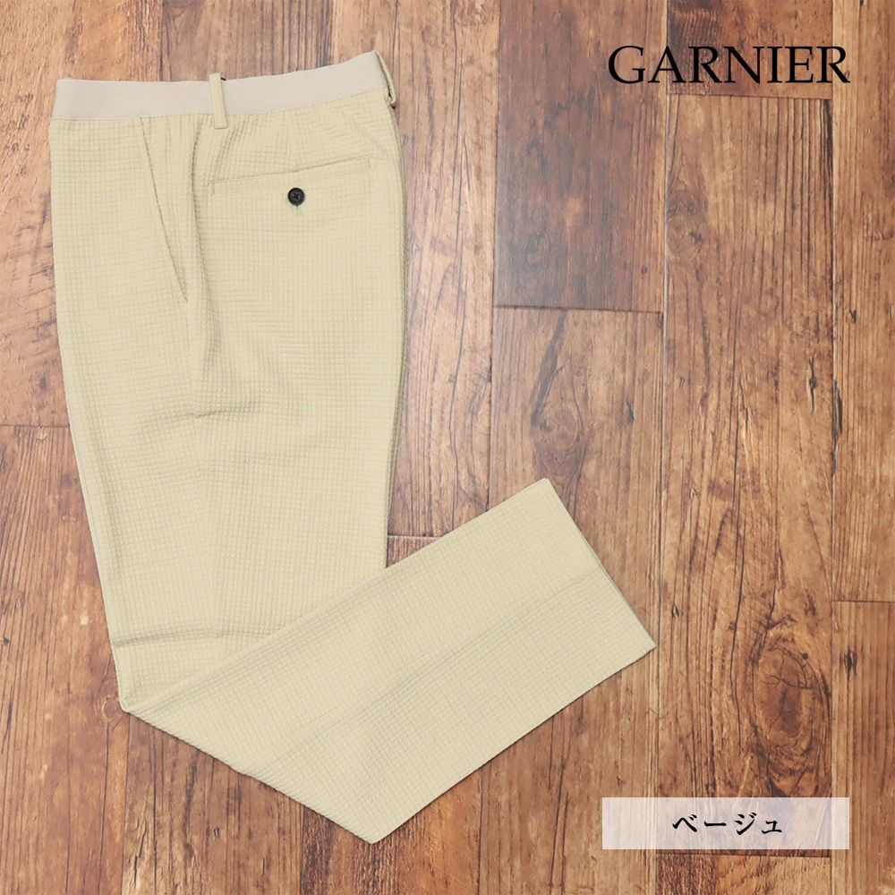 24AW|GARNIER|LLサイズ|スラックス パンツ 4024570021 格子柄ストレッチ ノータック ウエストゴム ガルニエ |ベージュ|ma469|