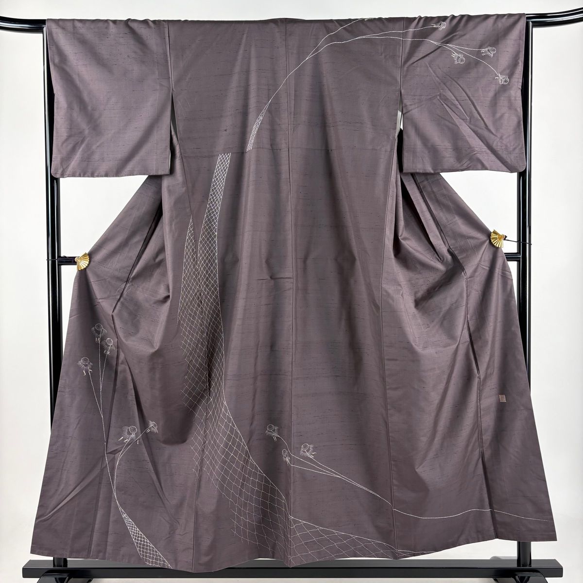 訪問着 身丈154cm 裄丈65.5cm M 袷 落款 網 人物 刺繍 灰紫 正絹