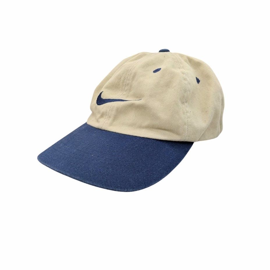 90s NIKE ナイキ ベースボールキャップ ネイビー ベージュ系 台湾製 OLD 古着