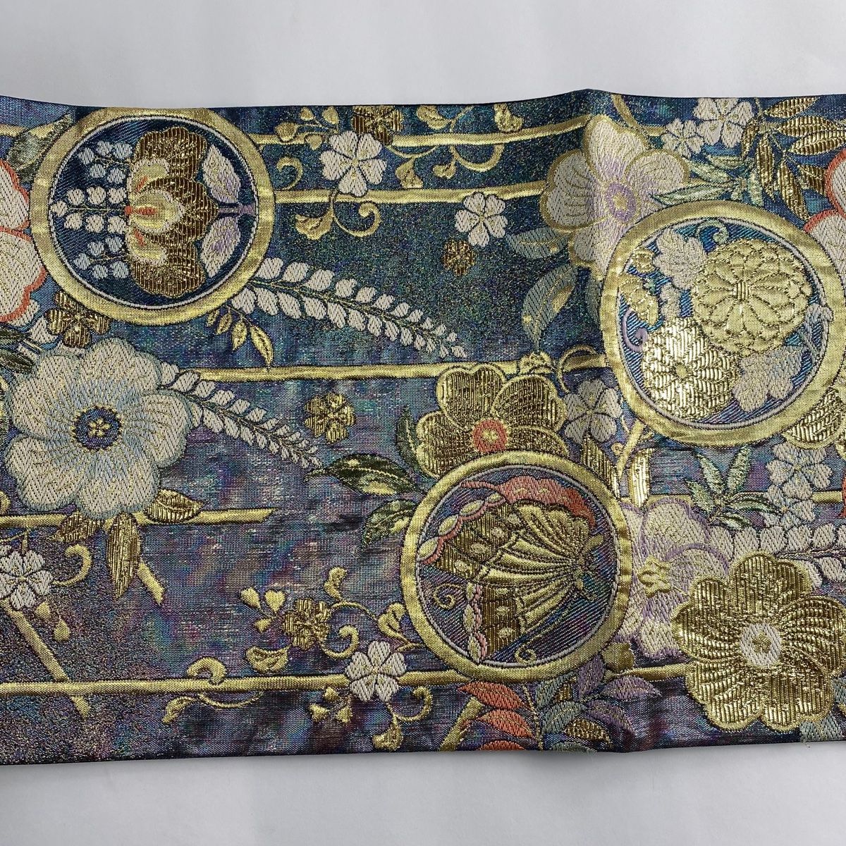 袋帯 菊柄 正絹 六通柄 美品 袋帯 美品 秀品 扇面 菊 唐織 箔 金色 六通 正絹 中古