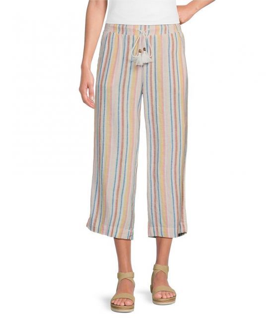 【送料無料】 ウエストバウンド レディース カジュアルパンツ ボトムス Multi Stripe Crop Linen Blend Pants Multi Stripe