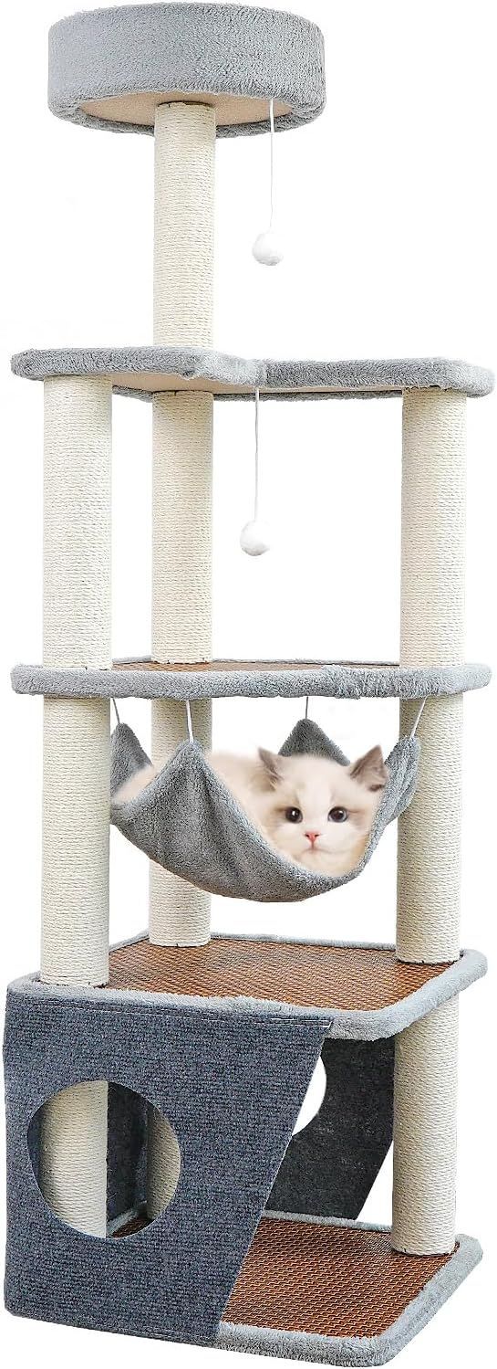 キャットタワー， 猫タワー， 大型猫用 据え置き型 麻紐 爪とぎ 多頭