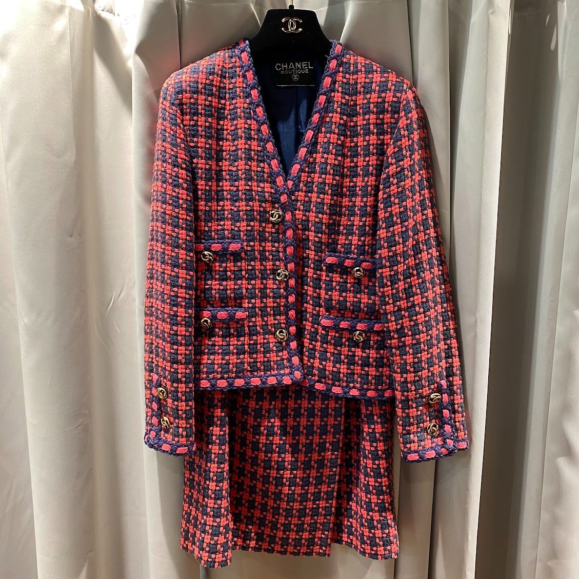 シャネル ツイードジャケット×ラップスカート ピンク×ネイビー サイズ  