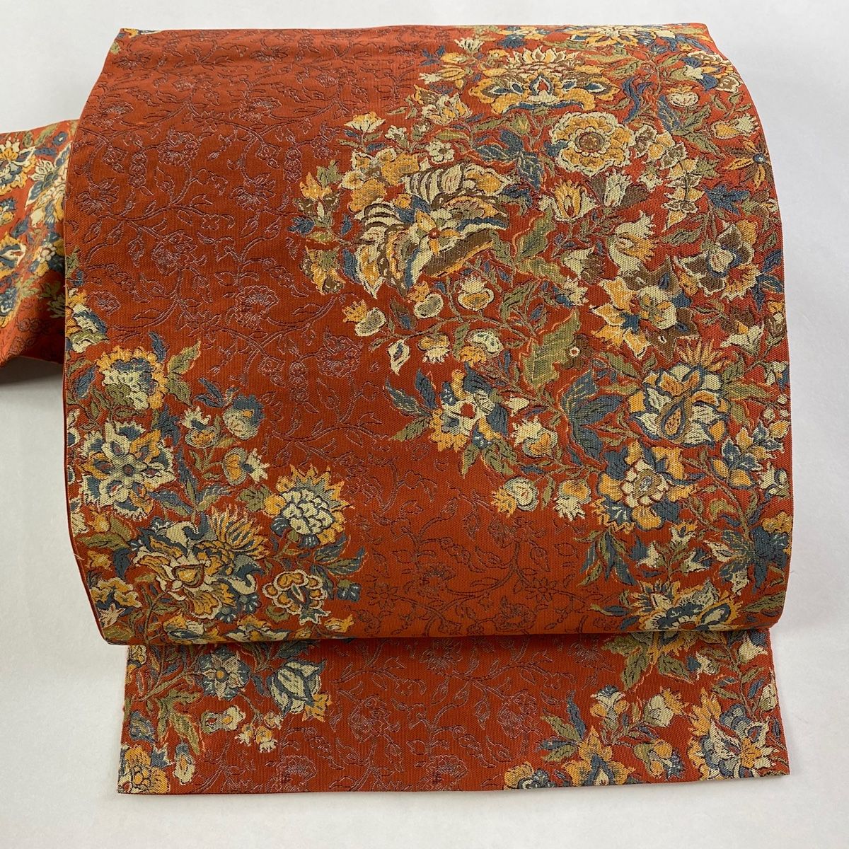 名古屋帯 証紙 トンネル仕立て 八寸名古屋帯 更紗 花唐草 博多織 朱色 正絹