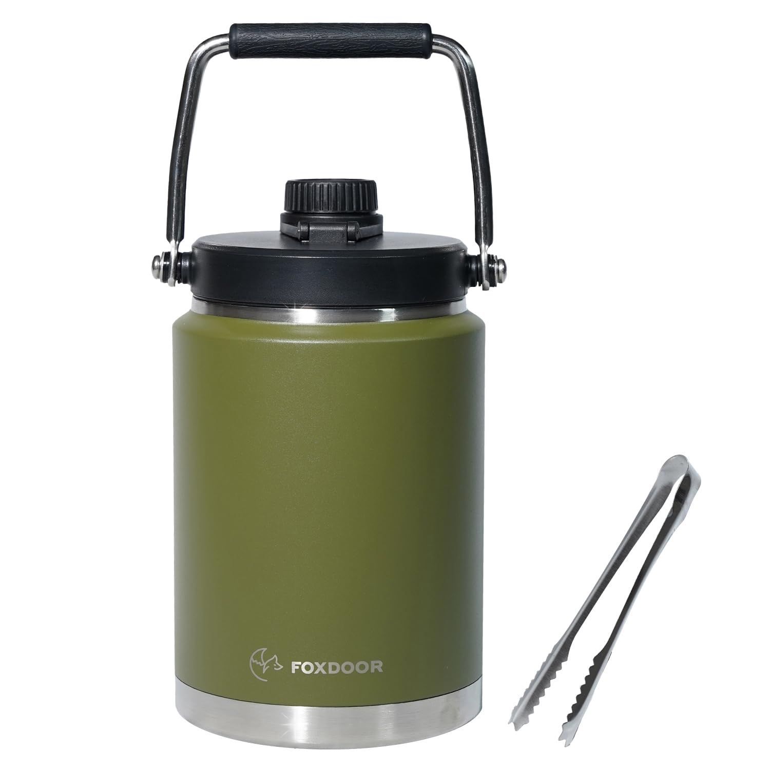 FOXDOOR アイスジャグ 氷を溶かさない アイスコンテナ 保冷 ＆ 保温 ボトル 大容量 大型 1.9L 3.8L カーキ 保冷ボトル 氷 魔法瓶 お湯 ポット 真空 ステンレス キャンプ アウトドア アイストング付 1.9L