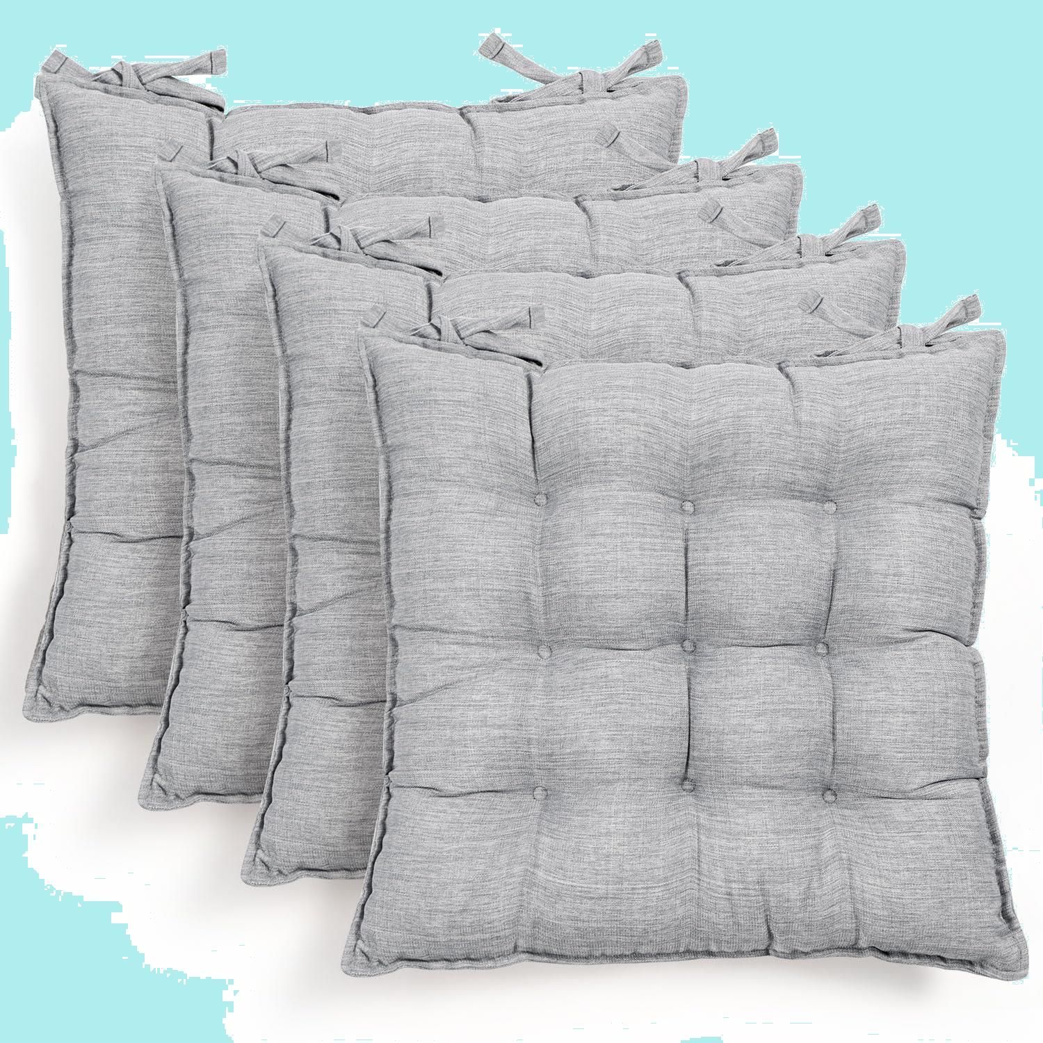 【在庫セール】ダイニングチェア用 シートクッション オールシーズン 42x42x5cm 無地 麻風 ふわふわ グレー 4枚セット 紐付き 厚め クッション 4枚セット 椅子 座布団 AIFY