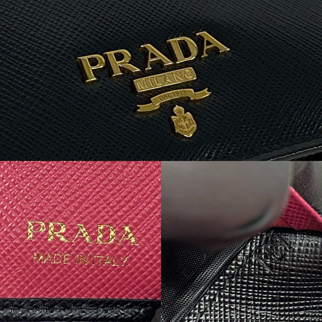 極 美品 希少品 PRADA プラダ ロゴ 金具 サフィアーノ レザー 本革 二