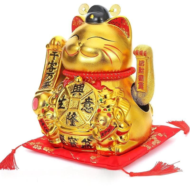 電動招き猫 白磁製 大型プレミアムモデル 座布団付 電池|USB 磁器製 まねき猫 手描き ハンドメイド かわいく手招きします ネコ ねこ 開店祝いや開業祝いに喜ばれます 自動で腕を振ります ラッキーアイテム 運気向上 金運アップ 商売繁盛 風水 厄