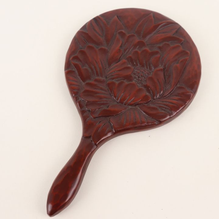 鎌倉彫 安斎 手鏡 ミラー 花柄 彫刻 伝統工芸品 レディース ブラウン