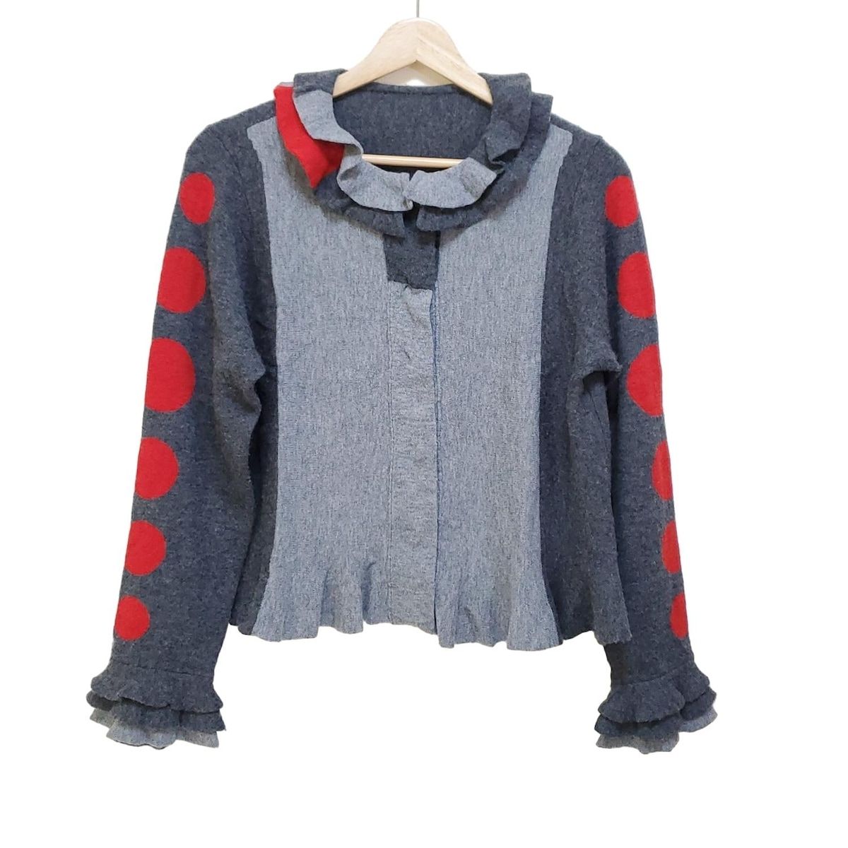 TOKUKO 1er VOL トクコ プルミエヴォル カーディガン サイズ9 M レディース - グレー×レッド×ライトグレー 長袖|フリル