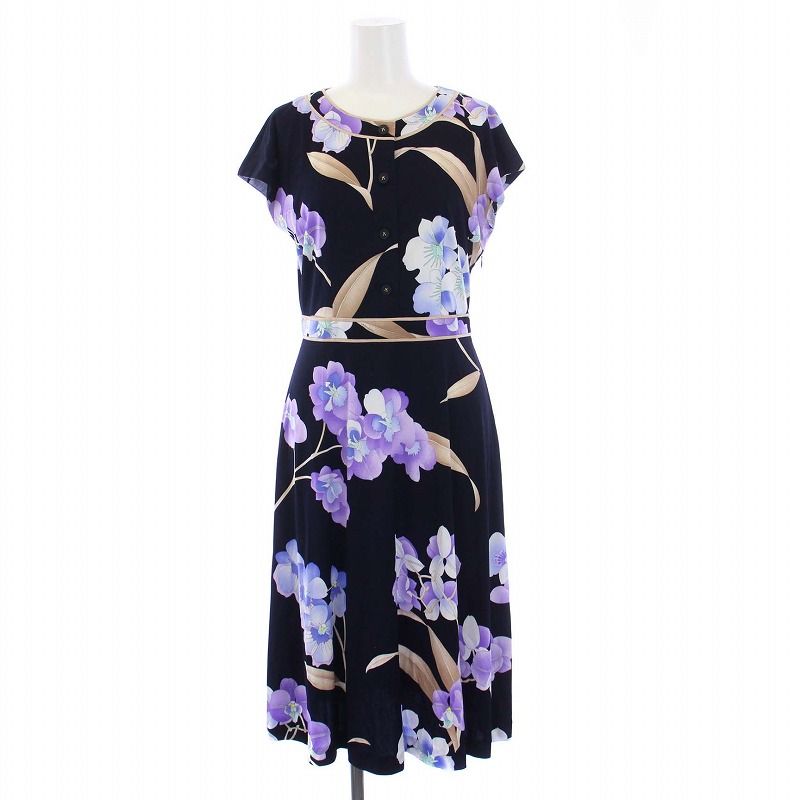 に*ま様 【美品】LEONARD カンカン素材　 長袖ワンピース　ネイビー　３８ LEONARD - 希少サイズ38 LEONARD レオナール 美品❤️カンカン