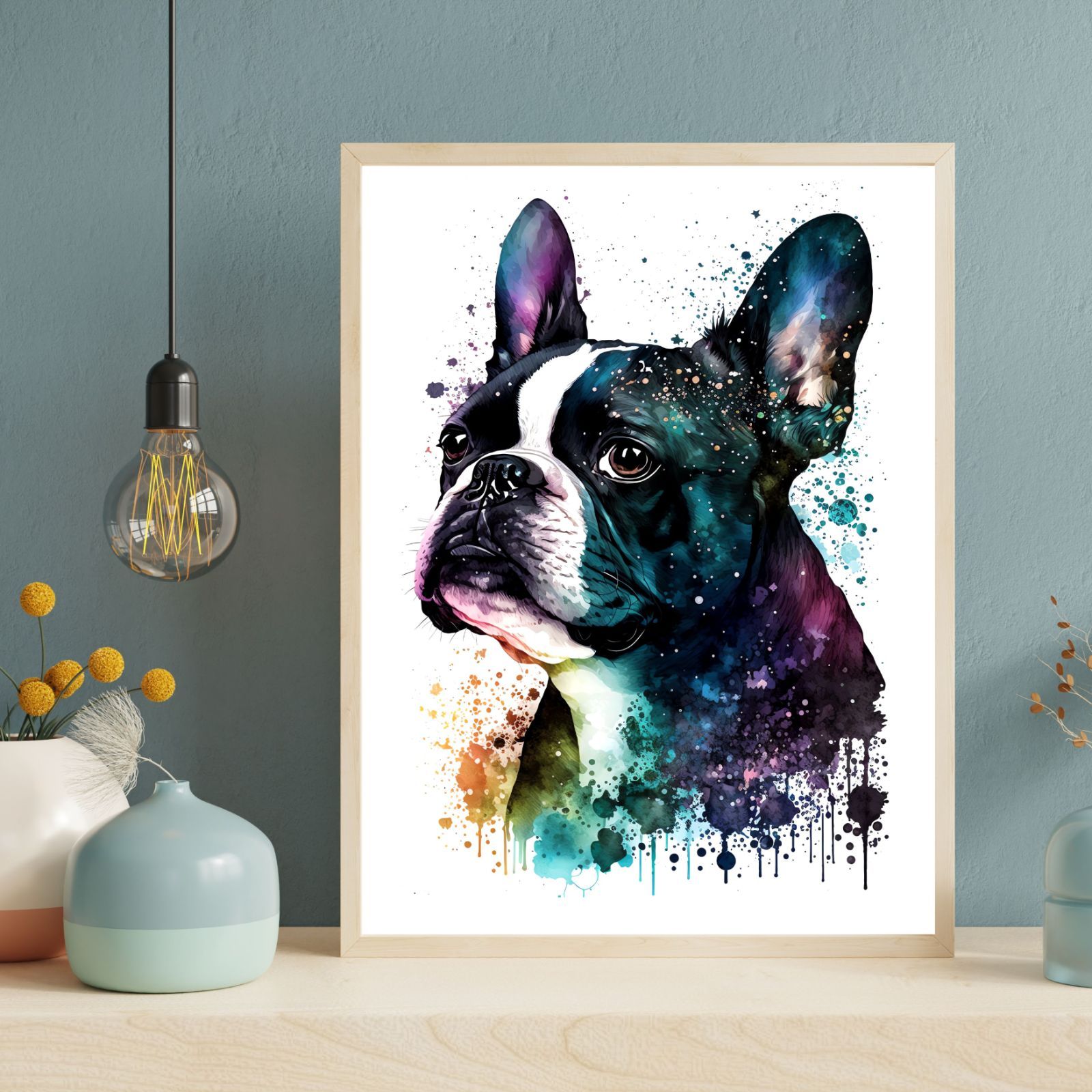 アクリル画 ボストンテリア　犬　宇宙　キャンバス　ポーリングアート　BAEZ3 アクリル画 ボストンテリア 犬 宇宙 キャンバス ポーリング