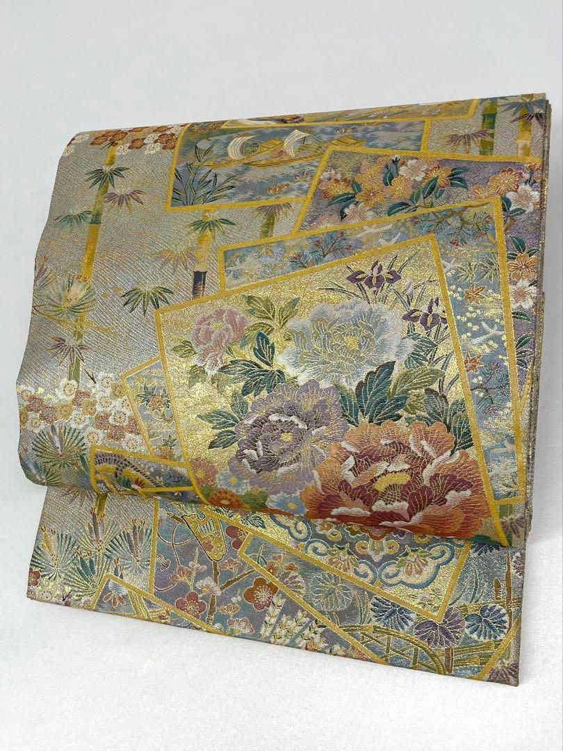 西陣あさぎ 全通 丸帯 兎 鳥 竹笹 華紋 牡丹 流水色紙文様 金糸 正絹