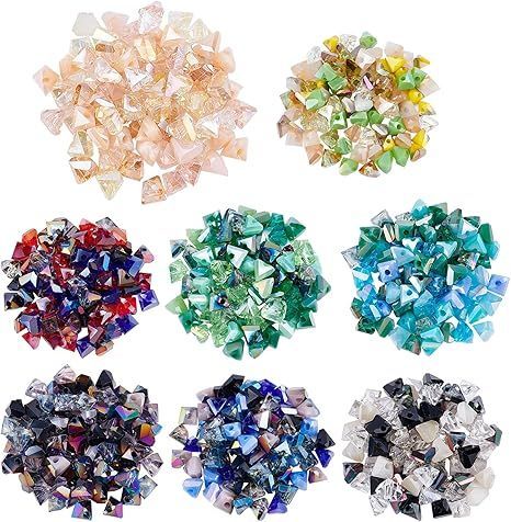 PH PandaHall 約640個8色 ガラスビーズ 4mm クリスタルビーズ 多面三角形ビーズ カットビーズ 錐形 スペーサービーズ DIY用 ジュエリー用 手作り素材 3.5～4x6mm、穴：1mm