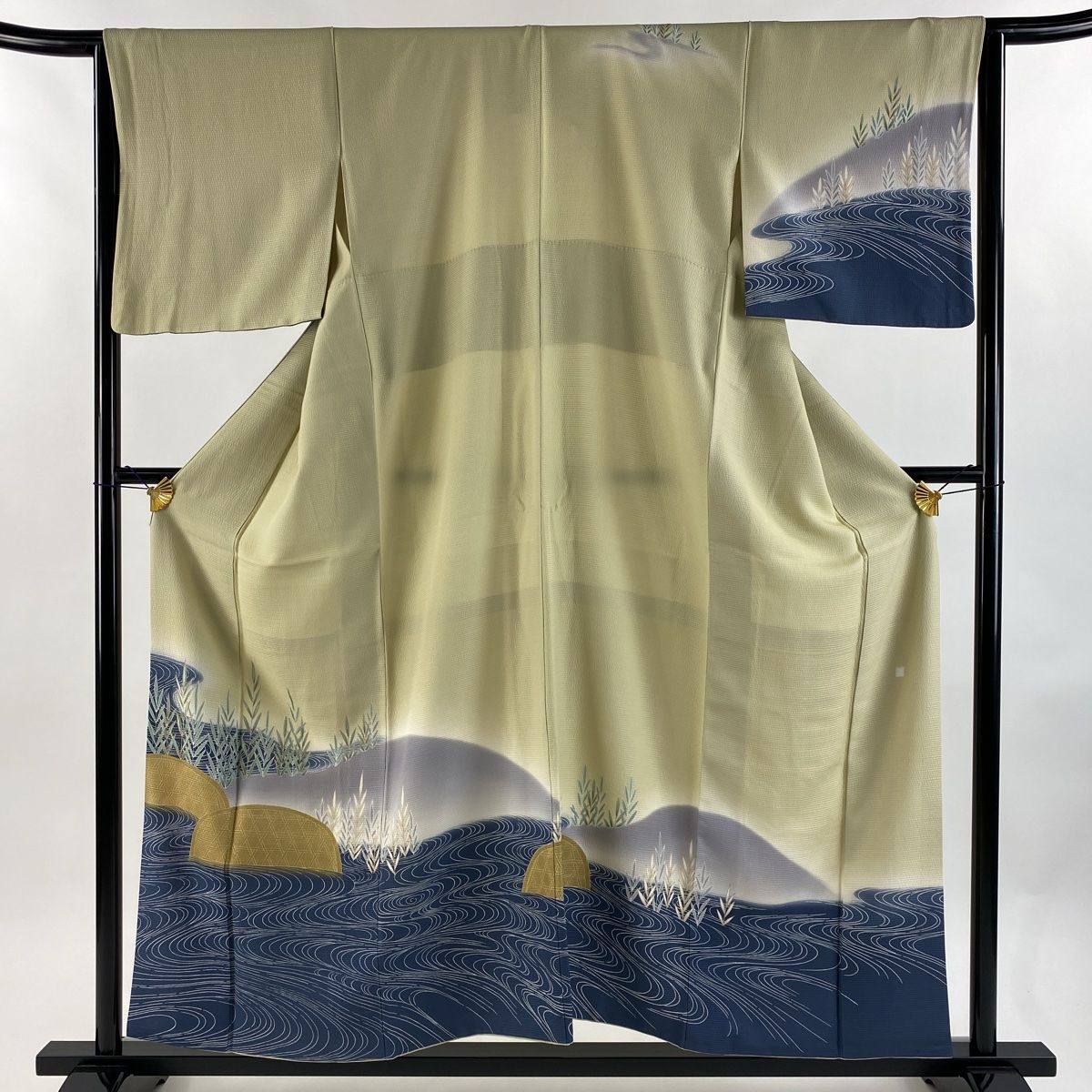 美品】 訪問着 身丈155cm 裄丈65cm M 袷 流水 籠目 金彩 ぼかし 抹茶色